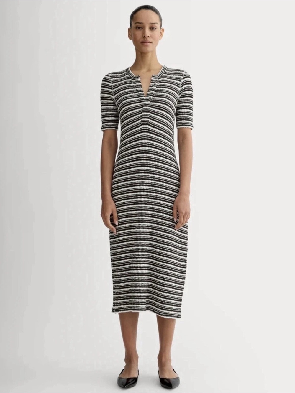EVERLANE Rib Knit Henley Dress L Black and White Striped Midi